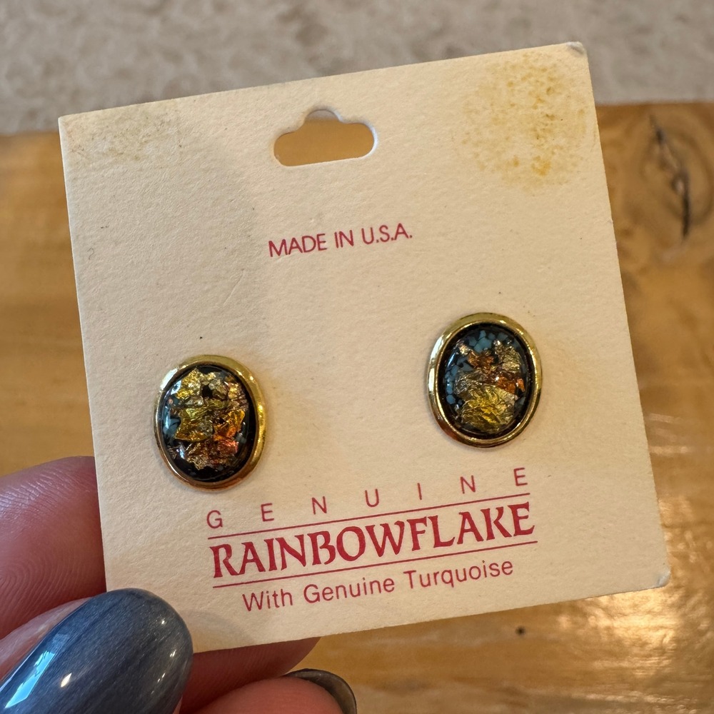 Vintage Rainbowflake 24KT‎ Gold Leaf Genuine Turquoise 18KT Gold Plated Earrings